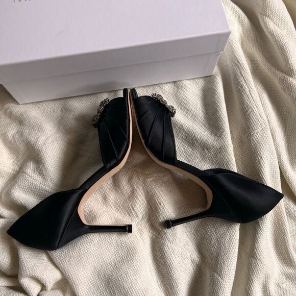 Manolo Blahnik Cassiado d'Orsay Crystal Pump Open Toe 90 mm Black Satin 36 NEW - Picture 4 of 13